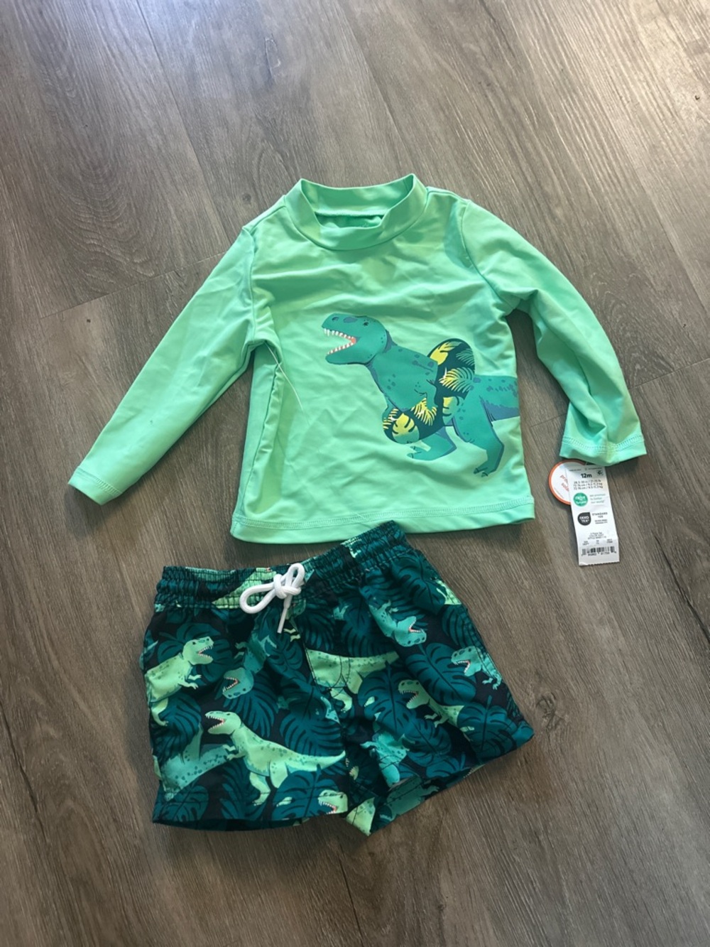 Carter’s 12M Dinosaur Rash Guard Swim Set Boys 2-Piece Mint Green NWT